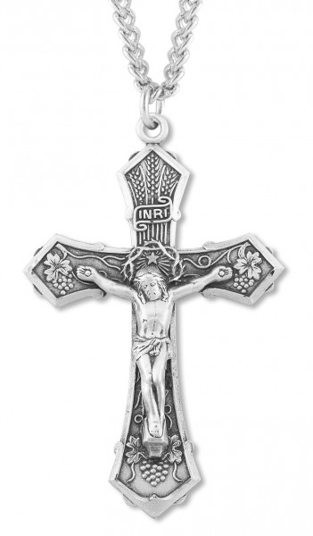 Men's Wheat and Grapes Crucifix Necklace, Sterling Silver with Chain Options - 24&quot; 3mm Stainless Steel Endless Chain