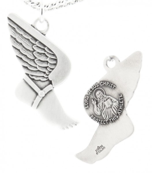 Winged Foot Track Necklace with Jesus Figure Back in Sterling Silver - 24&quot; 3mm Stainless Steel Endless Chain