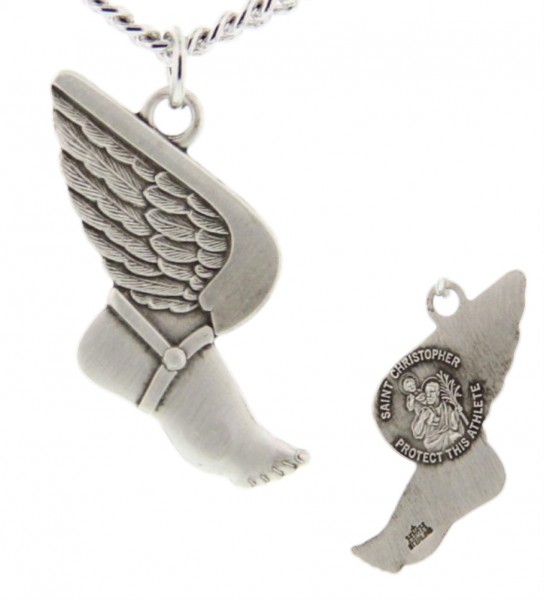 Winged Foot Track Necklace with Necklace Christopher Back in Sterling Silver - 24&quot; 3mm Stainless Steel Endless Chain