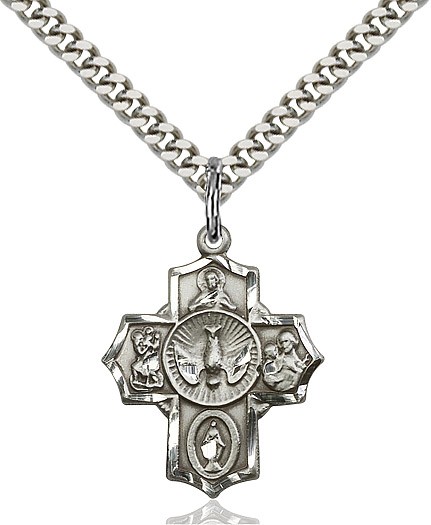 Women's / Boys Sterling Silver 5 Way Cross Pendant - 18&quot; 2.1mm Rhodium Plate Chain + Clasp