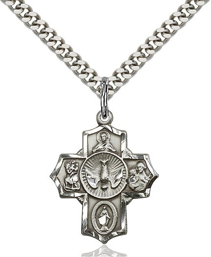 Women's / Boys Sterling Silver 5 Way Cross Pendant - 18&quot; 1.2mm Sterling Silver Chain + Clasp