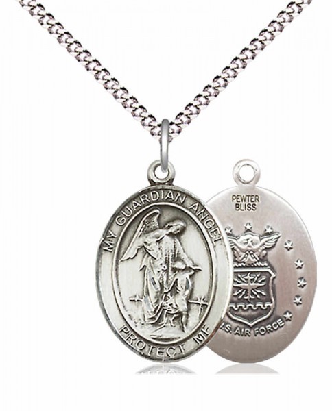 Women's Pewter Oval Guardian Angel Air Force Medal - 18&quot; Rhodium Plated Medium Chain + Clasp