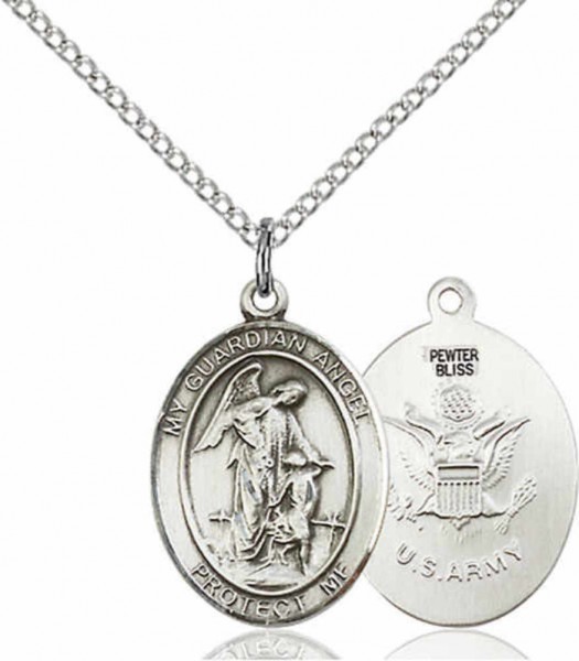 Women's Pewter Oval Guardian Angel Army Medal - 18&quot; Rhodium Plated Medium Chain + Clasp