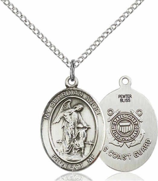 Women's Pewter Oval Guardian Angel Coast Guard Medal - 18&quot; Rhodium Plated Medium Chain + Clasp