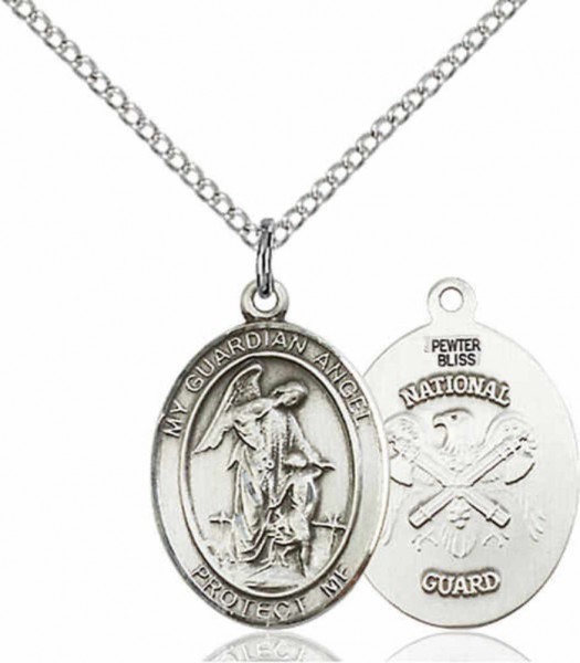 Women's Pewter Oval Guardian Angel National Guard Medal - 18&quot; Rhodium Plated Medium Chain + Clasp