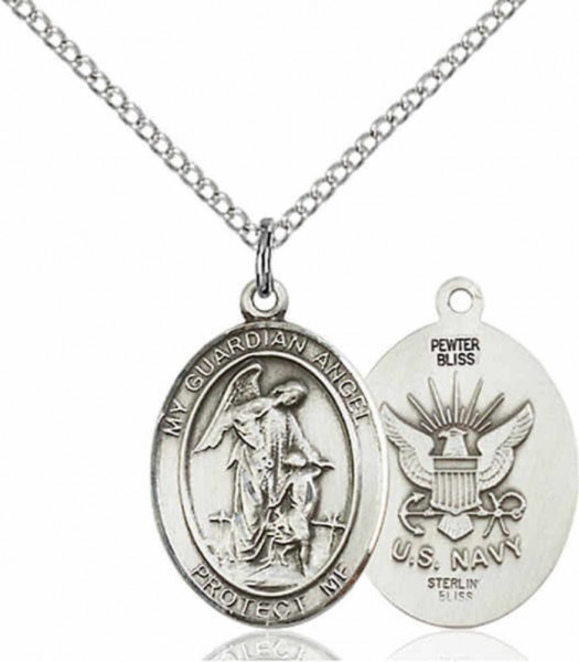 Women's Pewter Oval Guardian Angel Navy Medal - 18&quot; Rhodium Plated Medium Chain + Clasp