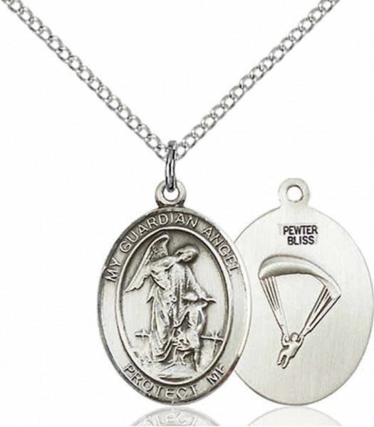Women's Pewter Oval Guardian Angel Paratrooper Medal - 18&quot; Rhodium Plated Medium Chain + Clasp