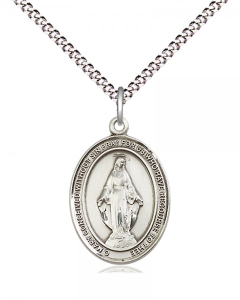 Women's Pewter Oval Miraculous Medal - 18&quot; Rhodium Plated Medium Chain + Clasp