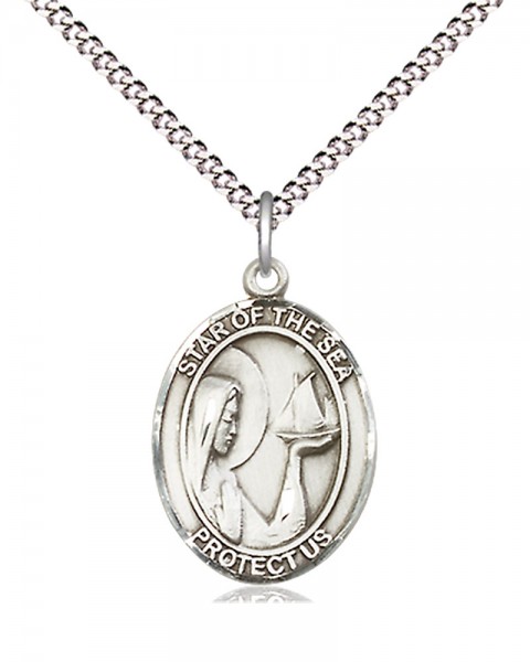 Women's Pewter Oval Our Lady Star of the Sea Medal - 18&quot; Rhodium Plated Medium Chain + Clasp