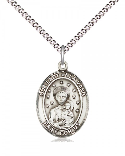 Women's Pewter Oval Our Lady of La Vang Medal - 18&quot; Rhodium Plated Medium Chain + Clasp