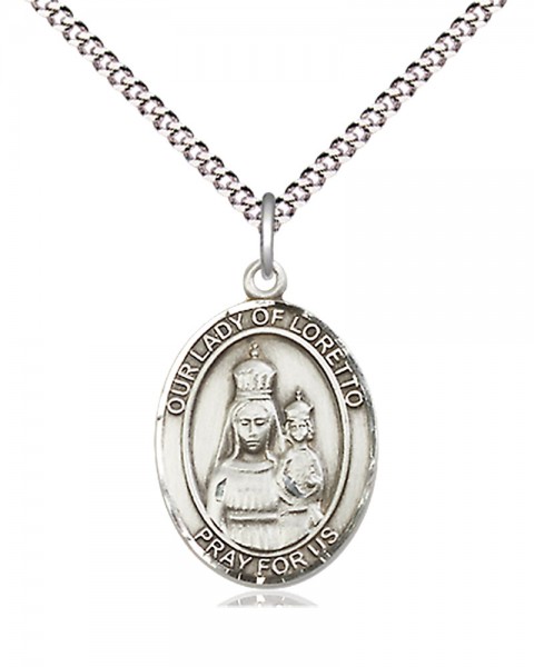 Women's Pewter Oval Our Lady of Loretto Medal - 18&quot; Rhodium Plated Medium Chain + Clasp