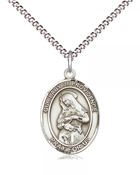 Women's Pewter Oval Our Lady of Providence Medal - 18&quot; Rhodium Plated Medium Chain + Clasp