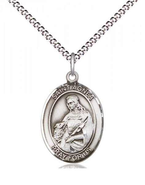 Women's Pewter Oval St. Agnes of Rome Medal - 18&quot; Rhodium Plated Medium Chain + Clasp