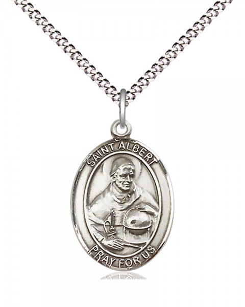 Women's Pewter Oval St. Albert the Great Medal - 18&quot; Rhodium Plated Medium Chain + Clasp