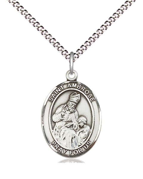 Women's Pewter Oval St. Ambrose Medal - 18&quot; Rhodium Plated Heavy Chain + Clasp
