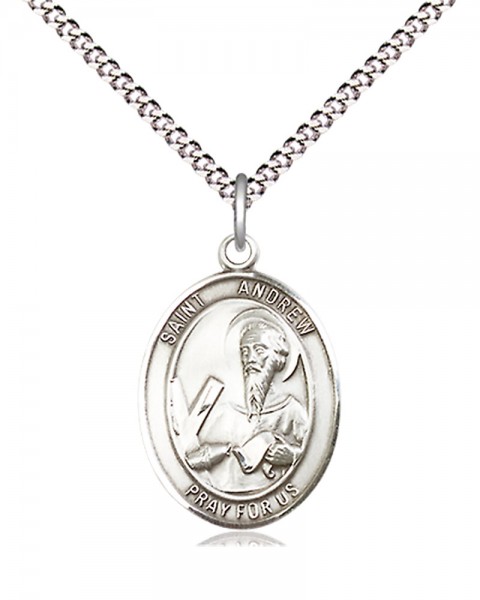 Women's Pewter Oval St. Andrew the Apostle Medal - 18&quot; Rhodium Plated Medium Chain + Clasp