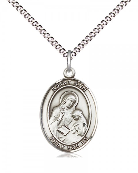 Women's Pewter Oval St. Ann Medal - 18&quot; Rhodium Plated Medium Chain + Clasp