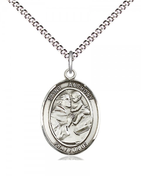 Women's Pewter Oval St. Anthony of Padua Medal - 18&quot; Rhodium Plated Medium Chain + Clasp