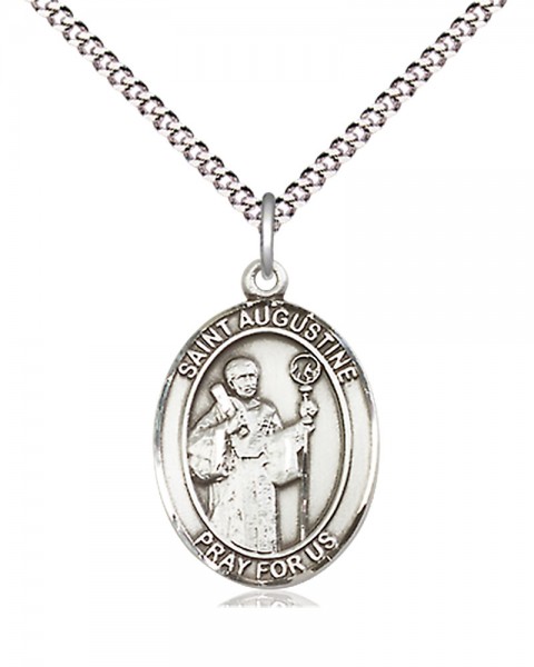 Women's Pewter Oval St. Augustine Medal - 18&quot; Rhodium Plated Medium Chain + Clasp
