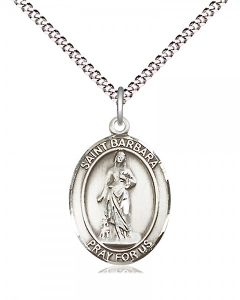 Women's Pewter Oval St. Barbara Medal - 18&quot; Rhodium Plated Medium Chain + Clasp