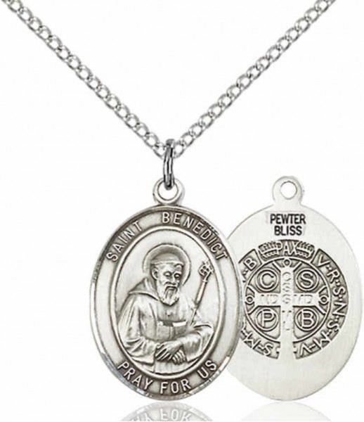 Women's Pewter Oval St. Benedict Medal - 18&quot; Rhodium Plated Medium Chain + Clasp