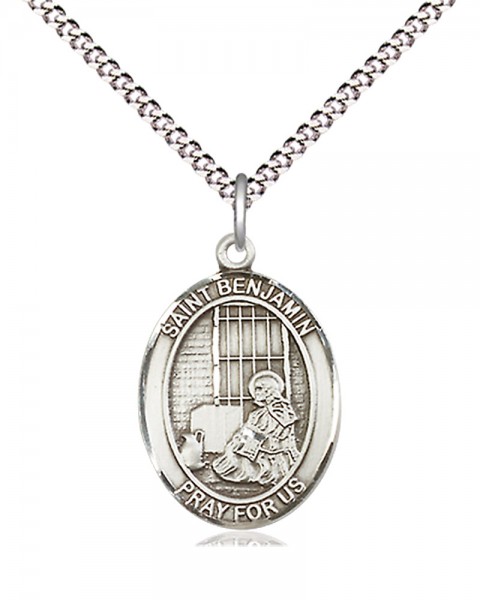 Women's Pewter Oval St. Benjamin Medal - 18&quot; Rhodium Plated Heavy Chain + Clasp