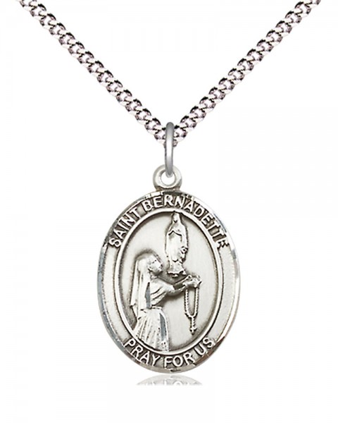 Women's Pewter Oval St. Bernadette Medal - 18&quot; Rhodium Plated Medium Chain + Clasp