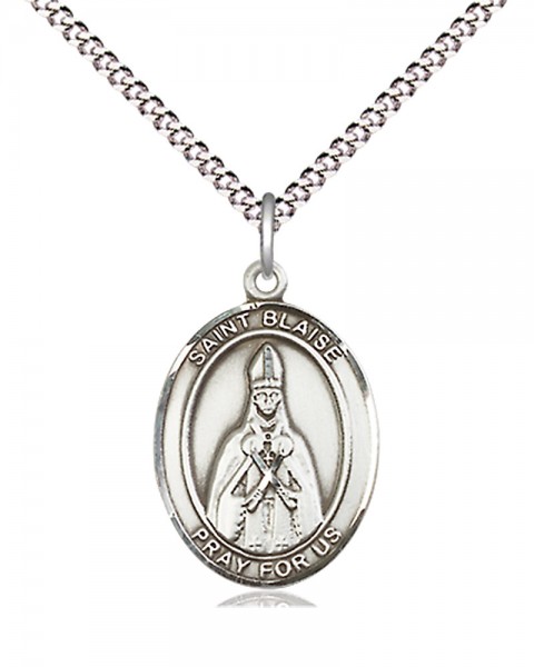 Women's Pewter Oval St. Blaise Medal - 18&quot; Rhodium Plated Medium Chain + Clasp