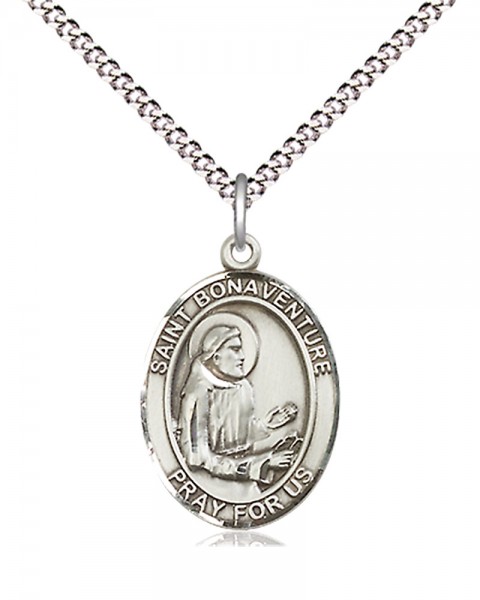 Women's Pewter Oval St. Bonaventure Medal - 18&quot; Rhodium Plated Heavy Chain + Clasp