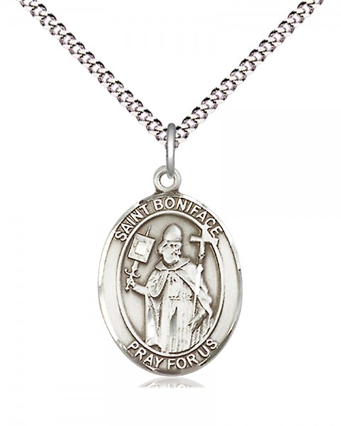 Women's Pewter Oval St. Boniface Medal - 18&quot; Rhodium Plated Medium Chain + Clasp