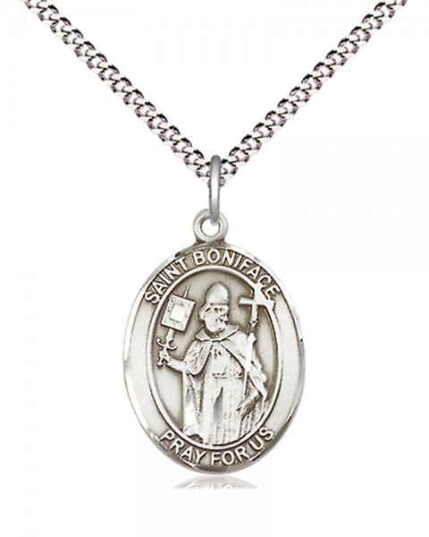 Women's Pewter Oval St. Boniface Medal - 18&quot; Rhodium Plated Heavy Chain + Clasp