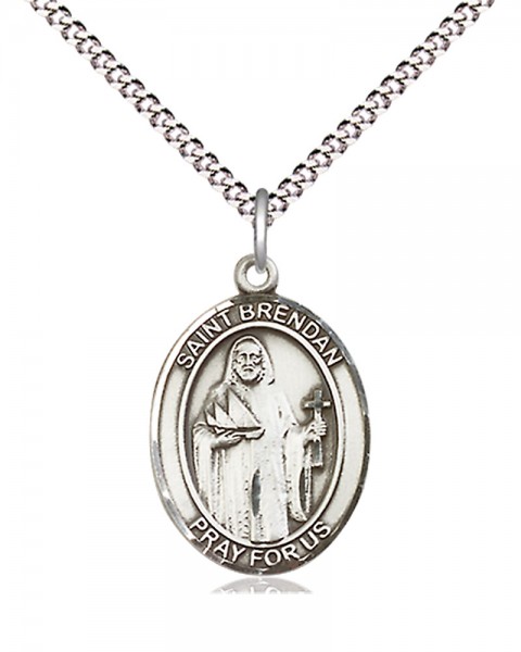 Women's Pewter Oval St. Brendan the Navigator Medal - 18&quot; Rhodium Plated Medium Chain + Clasp