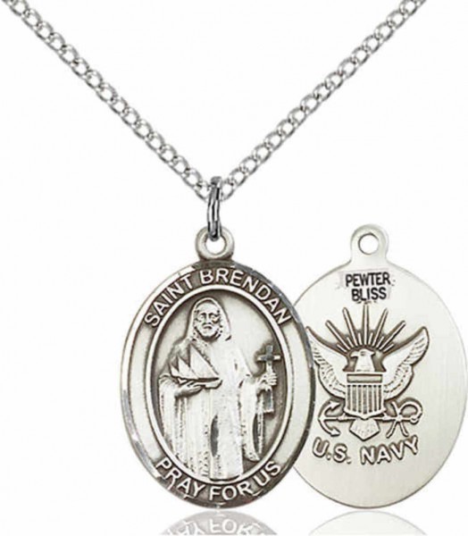 Women's Pewter Oval St. Brendan the Navigator Navy Medal - 18&quot; Rhodium Plated Medium Chain + Clasp