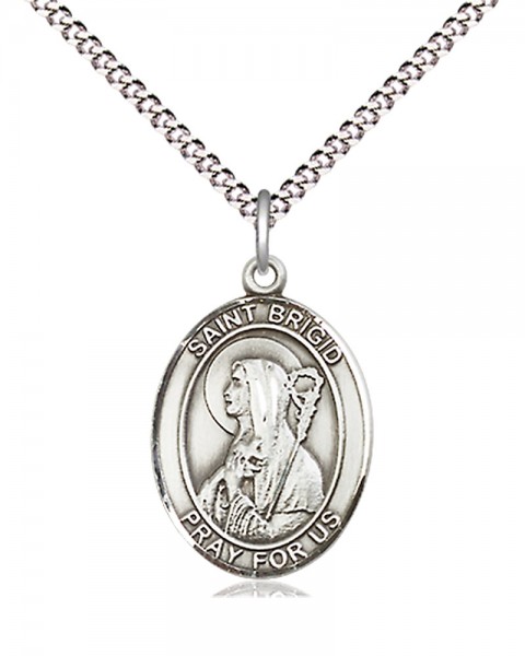 Women's Pewter Oval St. Brigid of Ireland Medal - 18&quot; Rhodium Plated Heavy Chain + Clasp