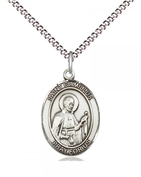 Women's Pewter Oval St. Camillus of Lellis Medal - 18&quot; Rhodium Plated Medium Chain + Clasp