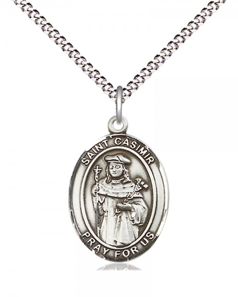 Women's Pewter Oval St. Casimir of Poland Medal - 18&quot; Rhodium Plated Medium Chain + Clasp