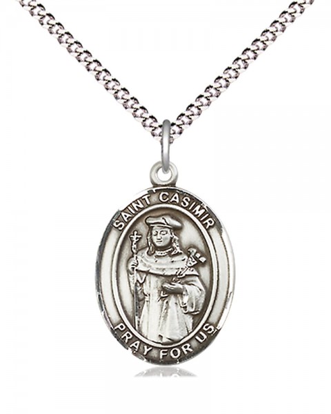 Women's Pewter Oval St. Casimir of Poland Medal - 18&quot; Rhodium Plated Heavy Chain + Clasp
