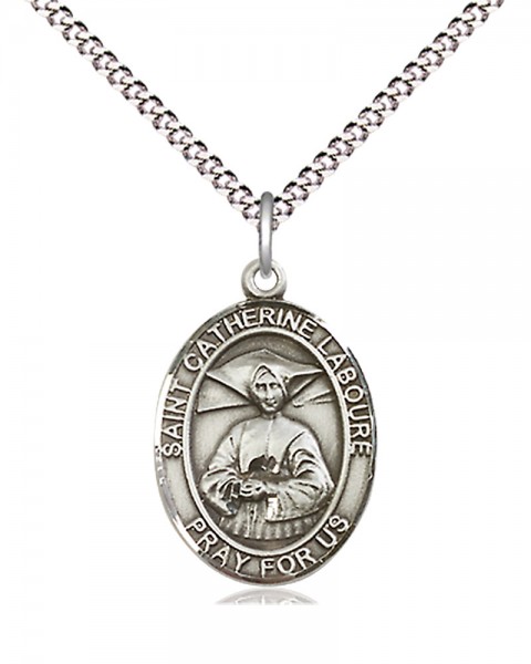 Women's Pewter Oval St. Catherine Laboure Medal - 18&quot; Rhodium Plated Medium Chain + Clasp