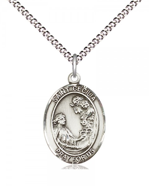 Women's Pewter Oval St. Cecilia Medal - 18&quot; Rhodium Plated Medium Chain + Clasp