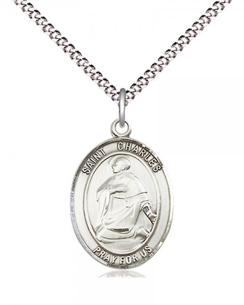 Women's Pewter Oval St. Charles Borromeo Medal - 18&quot; Rhodium Plated Medium Chain + Clasp