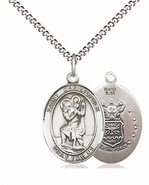 Women's Pewter Oval St. Christopher Air Force Medal - 18&quot; Rhodium Plated Medium Chain + Clasp