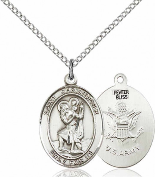 Women's Pewter Oval St. Christopher Army Medal - 18&quot; Rhodium Plated Medium Chain + Clasp