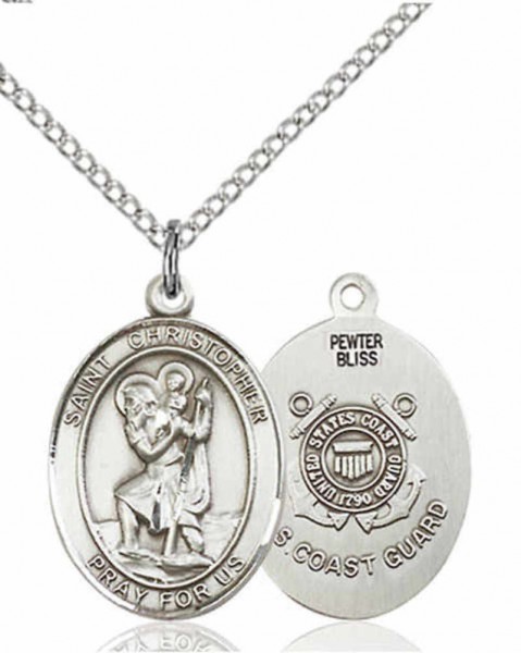 Women's Pewter Oval St. Christopher Coast Guard Medal - 18&quot; Rhodium Plated Medium Chain + Clasp