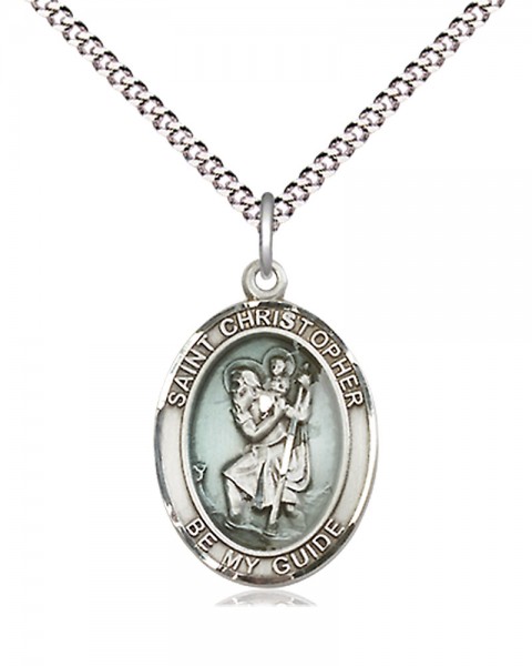 Women's Pewter Oval St. Christopher Medal - 18&quot; Rhodium Plated Medium Chain + Clasp