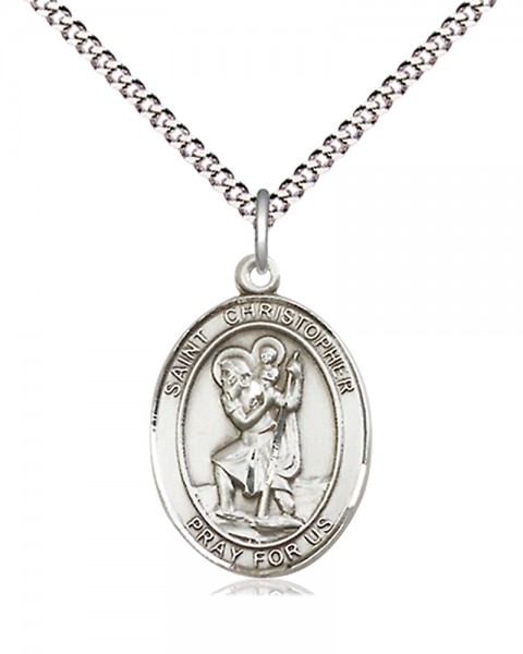 Women's Pewter Oval St. Christopher Medal - 18&quot; Rhodium Plated Medium Chain + Clasp