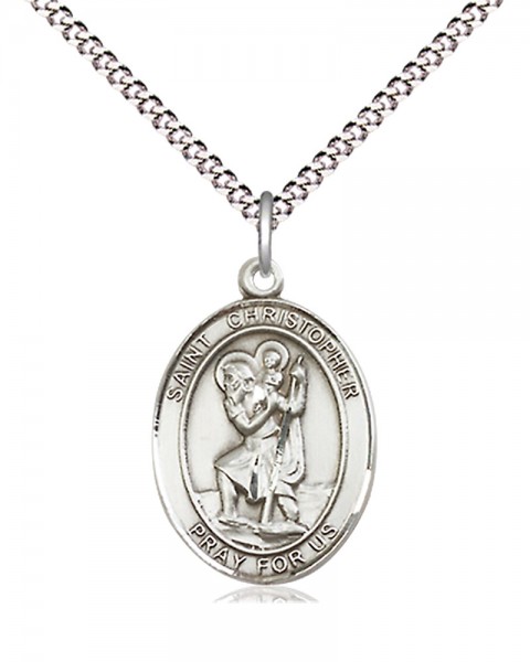 Women's Pewter Oval St. Christopher Medal - 18&quot; Rhodium Plated Heavy Chain + Clasp
