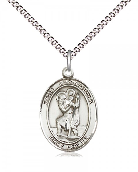 Women's Pewter Oval St. Christopher Medal - 18&quot; Rhodium Plated Heavy Chain + Clasp