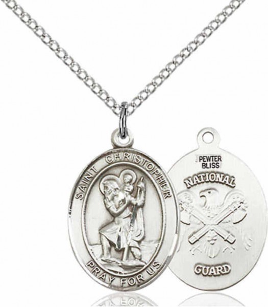 Women's Pewter Oval St. Christopher National Guard Medal - 18&quot; Rhodium Plated Medium Chain + Clasp