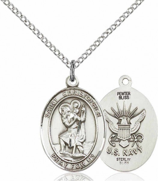 Women's Pewter Oval St. Christopher Navy Medal - 18&quot; Rhodium Plated Medium Chain + Clasp