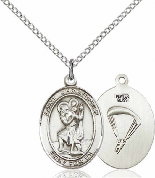 Women's Pewter Oval St. Christopher Paratrooper Medal - 18&quot; Rhodium Plated Medium Chain + Clasp